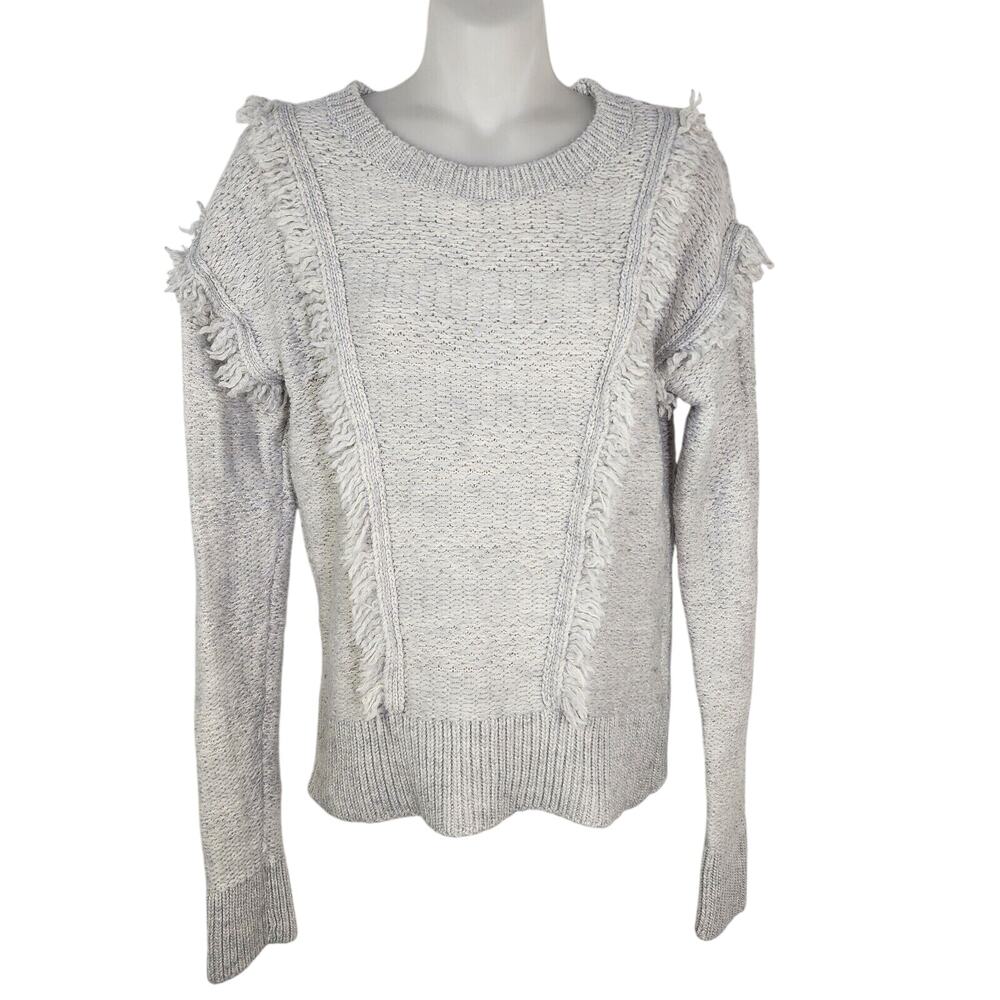 GAP Sweater Womens Medium Light Gray Heather Fringe Wool Blend Knit Pullover